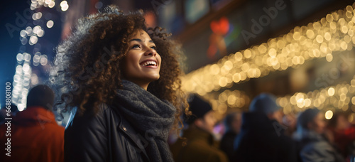beautiful woman with afro hair very happy looking at the city lights celebrating new year's day
