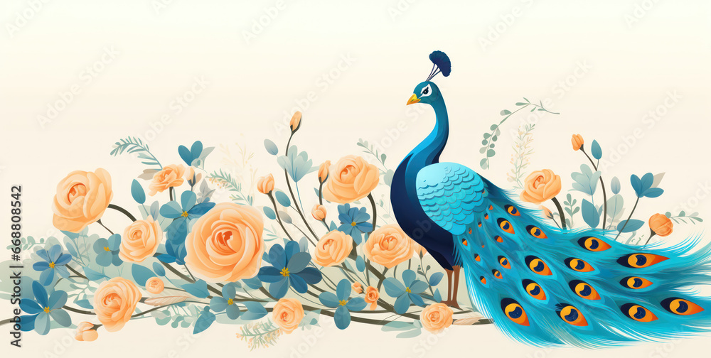 Colorful peacock sitting on a branch with beautiful bright flowers, banner illustration Colorful peacock sitting on a branch with beautiful bright flowers, banner illustration