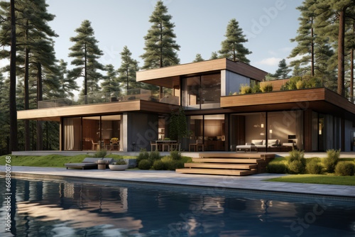 Minimalist cubic house exterior with swimming pool  modern country house  seaside holiday in modern villa