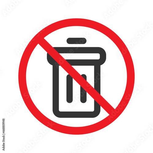 No trash icon, trash can in red forbidden circle, dont throw rubbish, simple outline flat style vector illustration.