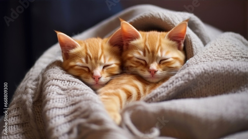 Cute ginger kittens sleeping together on a soft blanket, close up