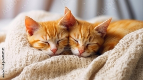 Cute ginger kittens sleeping on soft knitted plaid at home © Alex