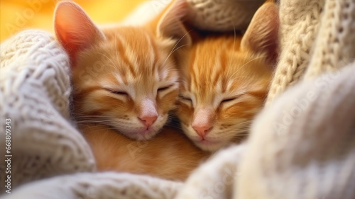 Two cute ginger kittens sleeping on a soft blanket. Close-up.