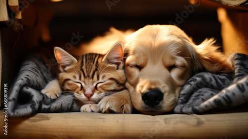 Wallpaper Mural Cute Golden Retriever puppy and tabby kitten sleeping together. Torontodigital.ca