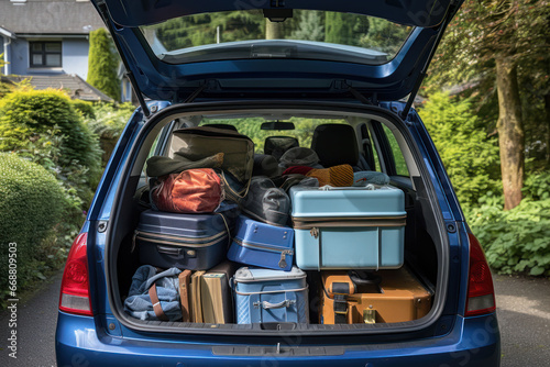Open trunk of a car with suitcases and belongings, moving to another accommodation, moving out of a student's home or traveling concept © serz72