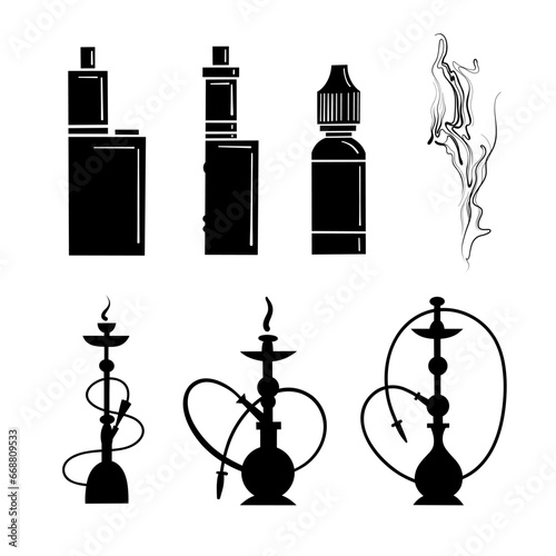 Vaporizers or electronic cigarettes and hookah set of black icons objects.