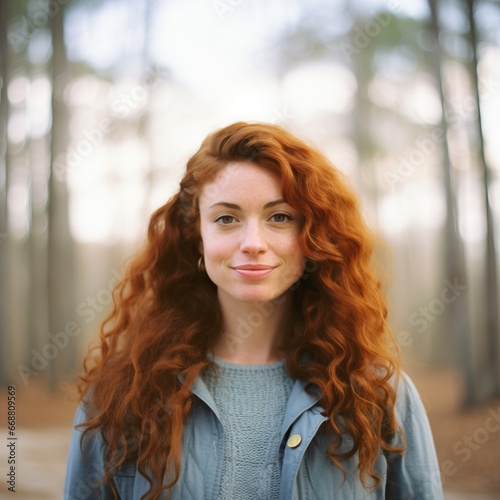 woman with long red curly hair, standing in the forest