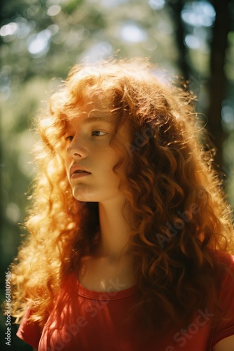 woman with long red curly hair, standing in the forest