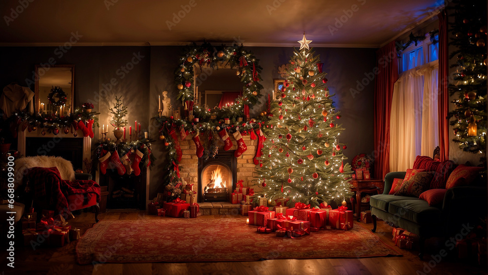 A cozy and festive holiday setting with a beautifully lit Christmas tree adorned with colorful lights. It captures the enchanting atmosphere of the season.
