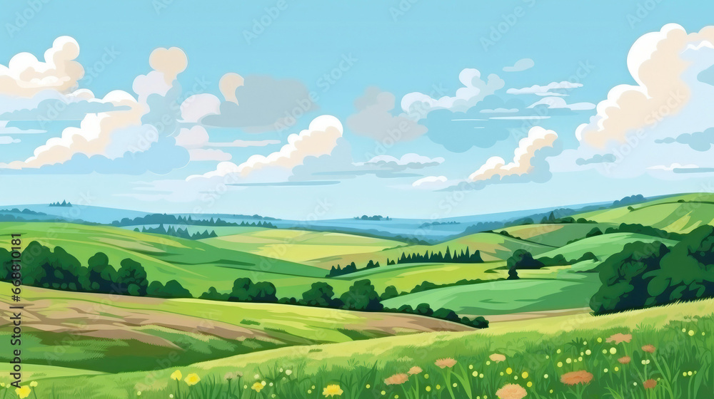 Green meadow landscape in summer with fields and hills