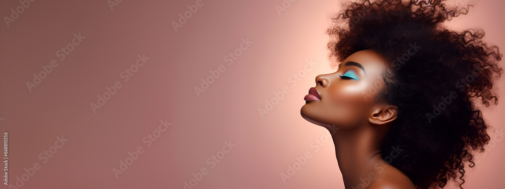 beautiful black african american lady with short afro hair with clear skin and makeup on pink banner with copy space, international women's day
