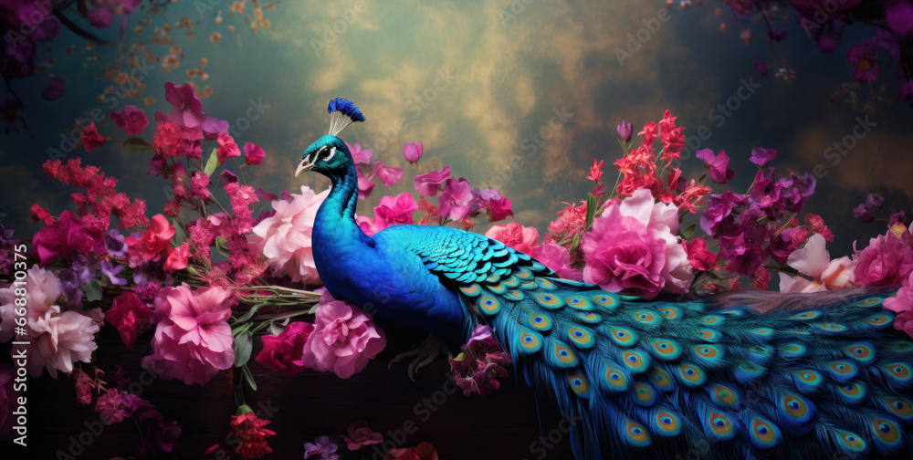 Fototapeta premium Colorful peacock on the background of pink sakura branches