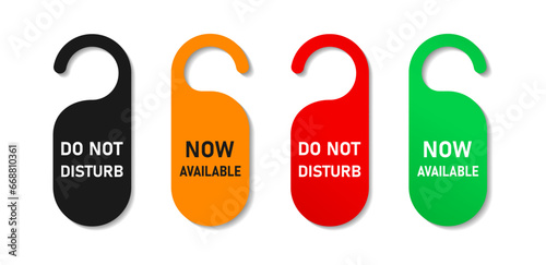 Please, do not disturb, now available, come in door hanger colored in realistic style with shadows, hotel service, flat style vector illustration.