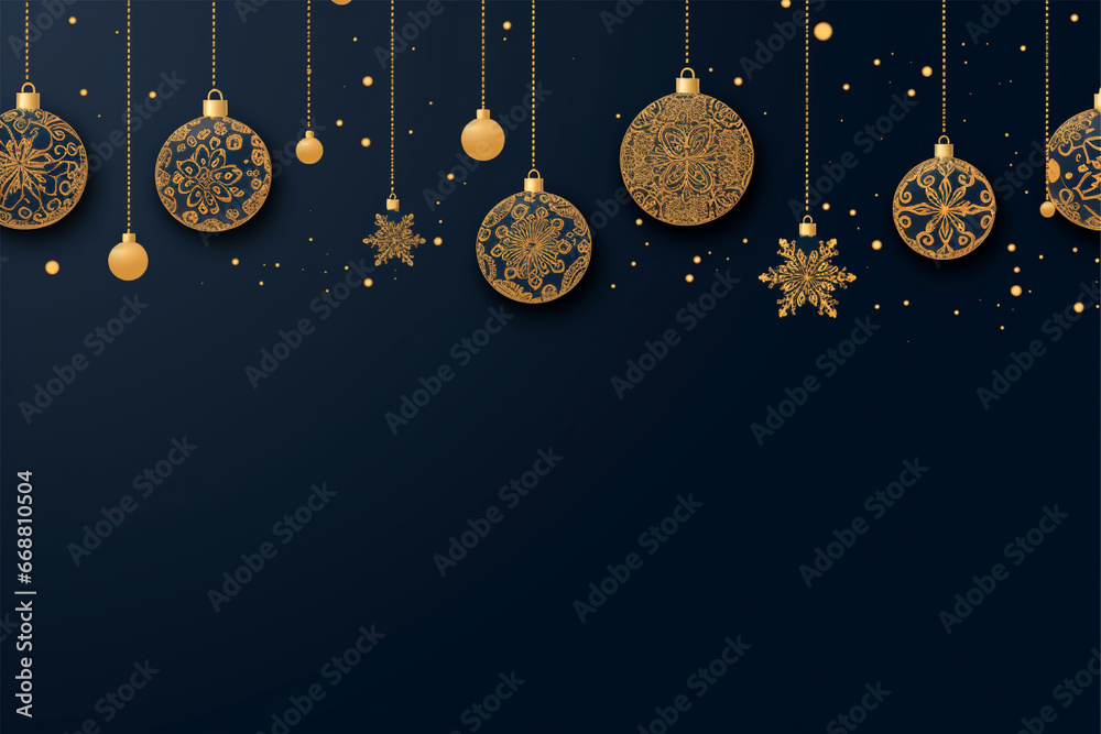Christmas tree decorations background in outline style, festive new year greeting with gold snowflakes and balls in the shape of balls and ornaments merry christmas greeting