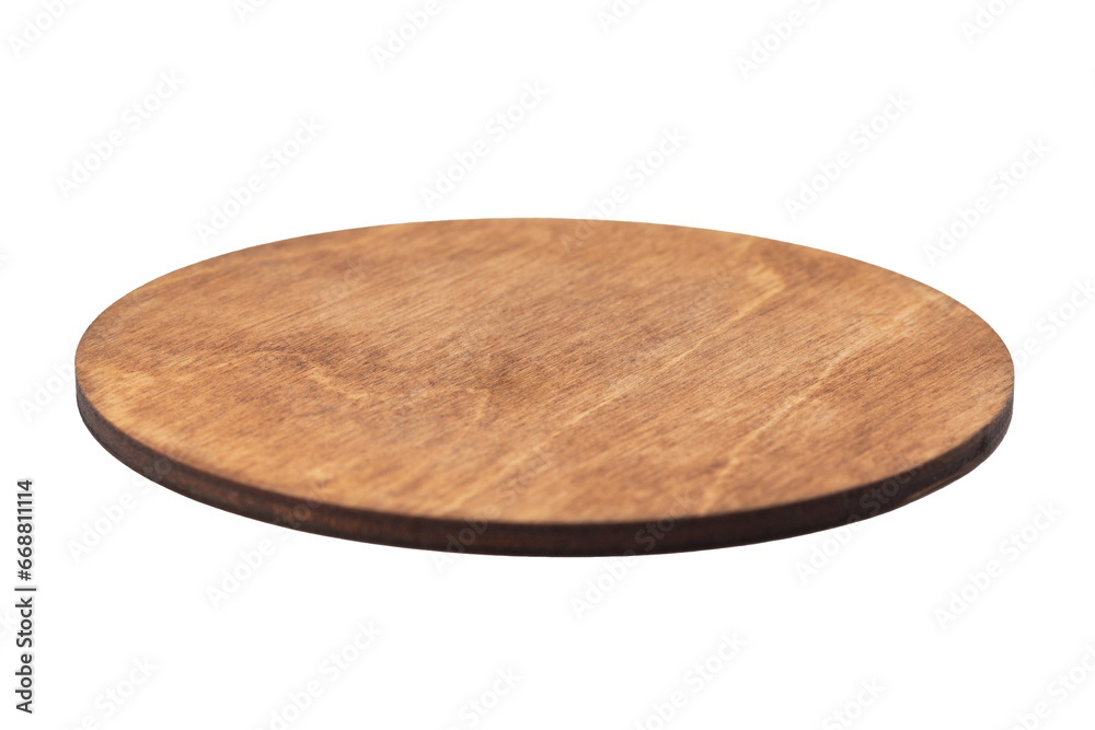 Wooden round brown tray top view. Wooden stand for hot. Isolated transparent on background. Close-up. PNG - obrazy, fototapety, plakaty 