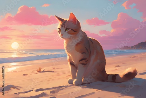 Gatinho rajado, branco com laranja na areia da praia durante o pôr-do-sol rosado. Gato sentado sozinho na beira do mar. photo