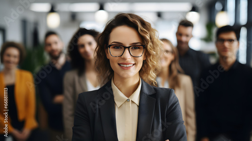 Attractive young confident businesswoman in glasses looking at camera while standing in a coworking space