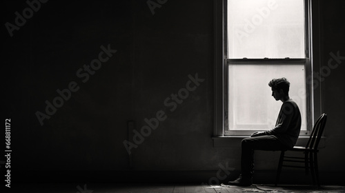 A monochrome snap depicting a person ruminating alone by a window embodies reflective pondering. photo