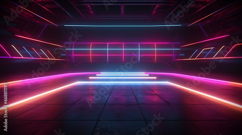 A 3D computer-generated backdrop featuring neon-hued illumination on a blackened concrete surface, resembling a sports arena.