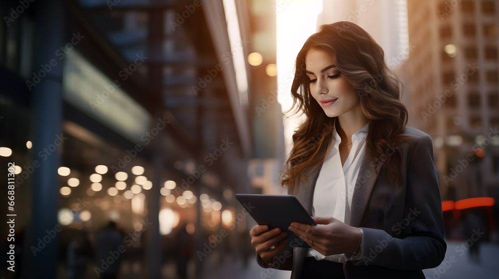 Happy attractive young businesswoman working on a tablet on modern city street at night Happy attractive young businesswoman working on a tablet on modern city street at night