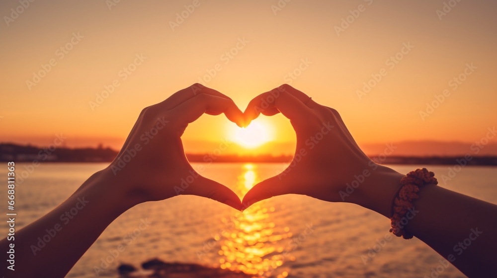 A picture of two hands making a heart in front of a sunset sky expresses emotions of love and sympathy.
