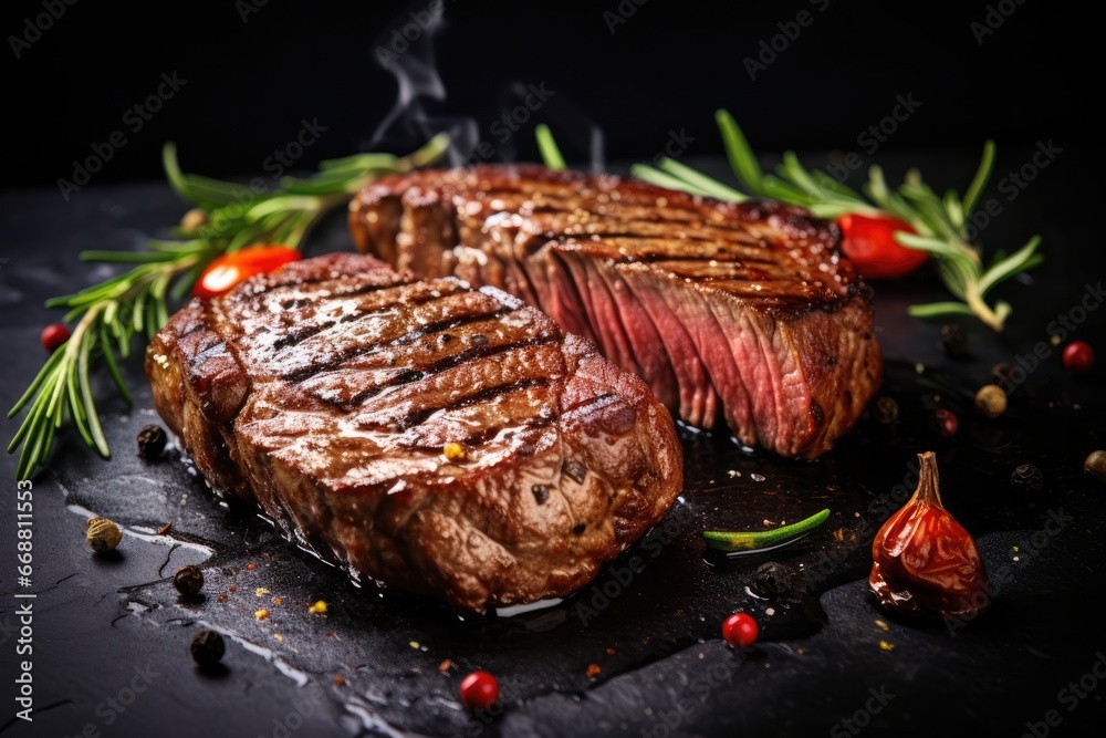 Grilled Marble Beef Steaks On Stone Background