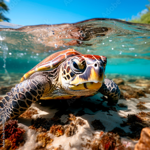 Sea turtles swims underwater. Underwater sea turtles. Sea turtles underwater scene. Sea turtle underwater closeup. AI Generated