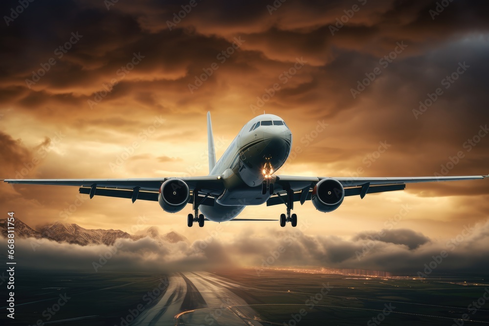 Large Jetliner Flying Through Cloudy Sky Large Jetliner Flying Through Cloudy Sky