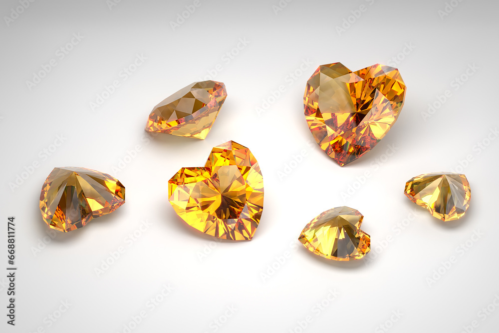 Scattering of topazes of different sizes on a white background. Exhibition of precious stones. Heart cut. 3d rendering. Scattering of topazes of different sizes on a white background. Exhibition of precious stones. Heart cut. 3d rendering.