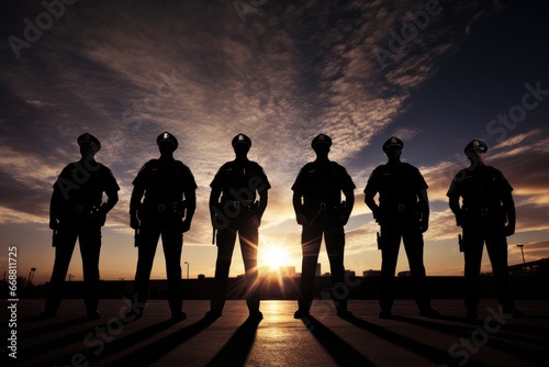 Group Of Police Officers Represented By Sunset Silhouette