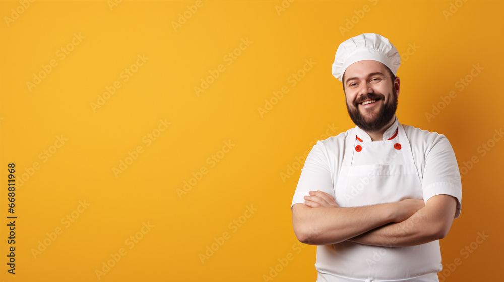 Happy male chef beaming in a toque cooks delicious cuisine.