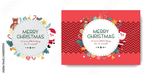 Merry Christmas gift packaging box design, wrap paper design logo design with round Christmas elements cap Santa socks tree teddy bear ornaments with wishes editable background vector file download
