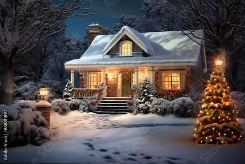 Artistic Concept Painting Of Festively Decorated Home With Christmas Tree © Anastasiia