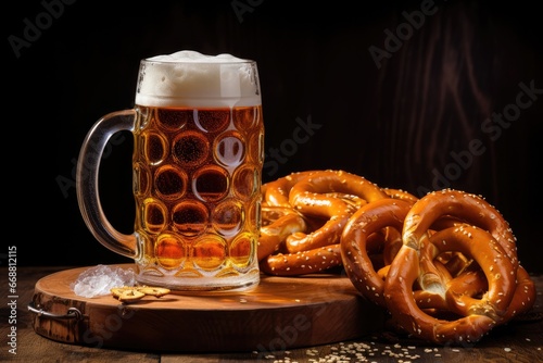 Beer And Pretzels On Wooden Background