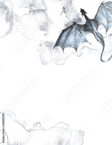 Watercolor dragon painting isolated on a white background. Fantasy illustration. Fantastic concept book cover design.