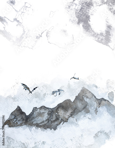 Watercolor dragons fluing over the mountains painting isolated on a white background. Fantasy illustration. Fantastic concept book cover design. © Victoria