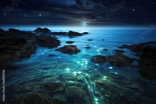 Bio Luminescent Plankton Create Stunning Ocean Glow. Сoncept Nature's Light Show, Magical Ocean Glow, Bio-Luminescent Wonder, Enchanting Plankton, Glowing Night Ocean