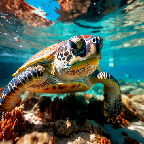 Sea turtles swims underwater. Underwater sea turtles. Sea turtles underwater scene. Sea turtle underwater closeup. AI Generated © millenius