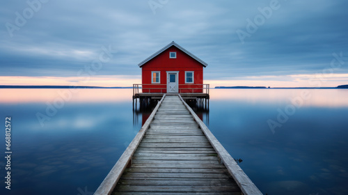 house in lake water with wooden pier