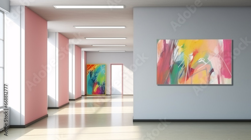 A 3D rendering of an empty-poster-adorned contemporary school hallway furnishes an idealized concept.