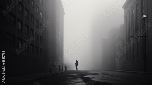 A solitary person walking through a misty urban landscape  conjuring up sensations of enigma and aloneness.