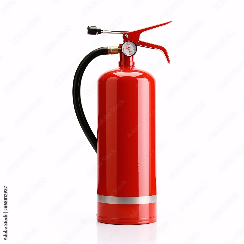 A single, scarlet fire extinguisher isolated against a pale backdrop, representing fire safety.