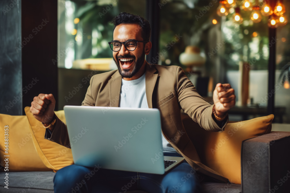 Handsome middle age indian man smiling and rejoicing after success. Happy man celebrating business success on sofa in living room with computer.