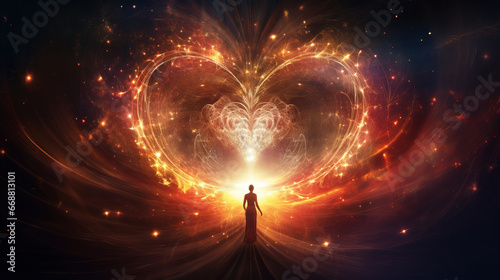Woman looking at a glowing heart made of fire and light energy. Symbol of love and kindness in the sky. Sparkling abstract background. photo