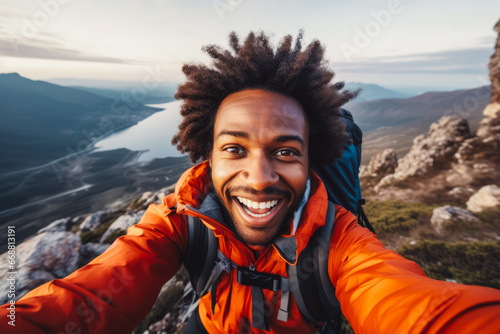 Young black hiker man taking a selfie portrait on the top of a mountain. Happy young athletic man on an adventure, taking a photo with beautiful view