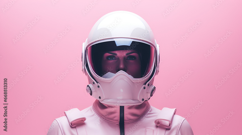 women's day, beautiful female astronaut on pink background with copy space