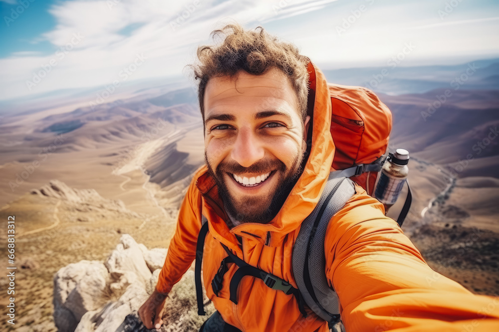 Young arab hiker man taking a selfie portrait on the top of a mountain. Happy young athletic man on an adventure, taking a photo with beautiful view