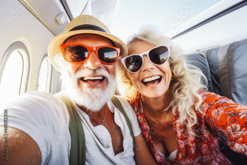 Happy older tourist couple taking a selfie inside an airplane. Positive elderly couple on a vacation taking a selfie in a plane before takeoff. © VisualProduction