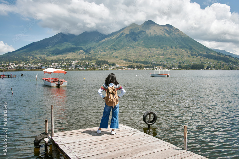 Landscape of the Imbabura volcano and San Pablo lake in Otavalo, Ecuador.