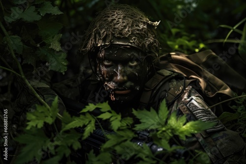 Camouflaged Soldier In Forest With Space For Text